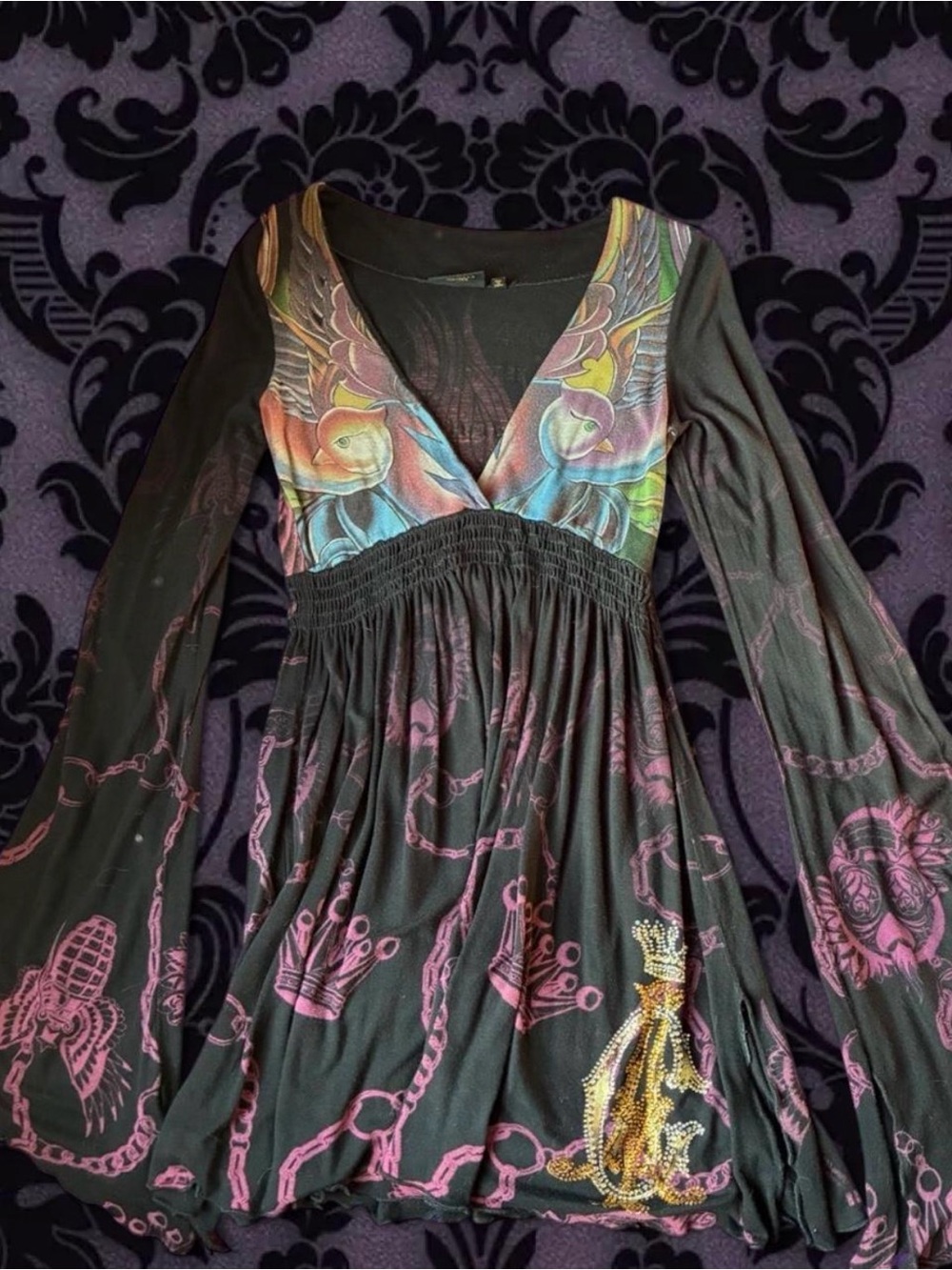 Christian Audigier Black Long-Sleeve V-Neck Embroidered Boho Dress
